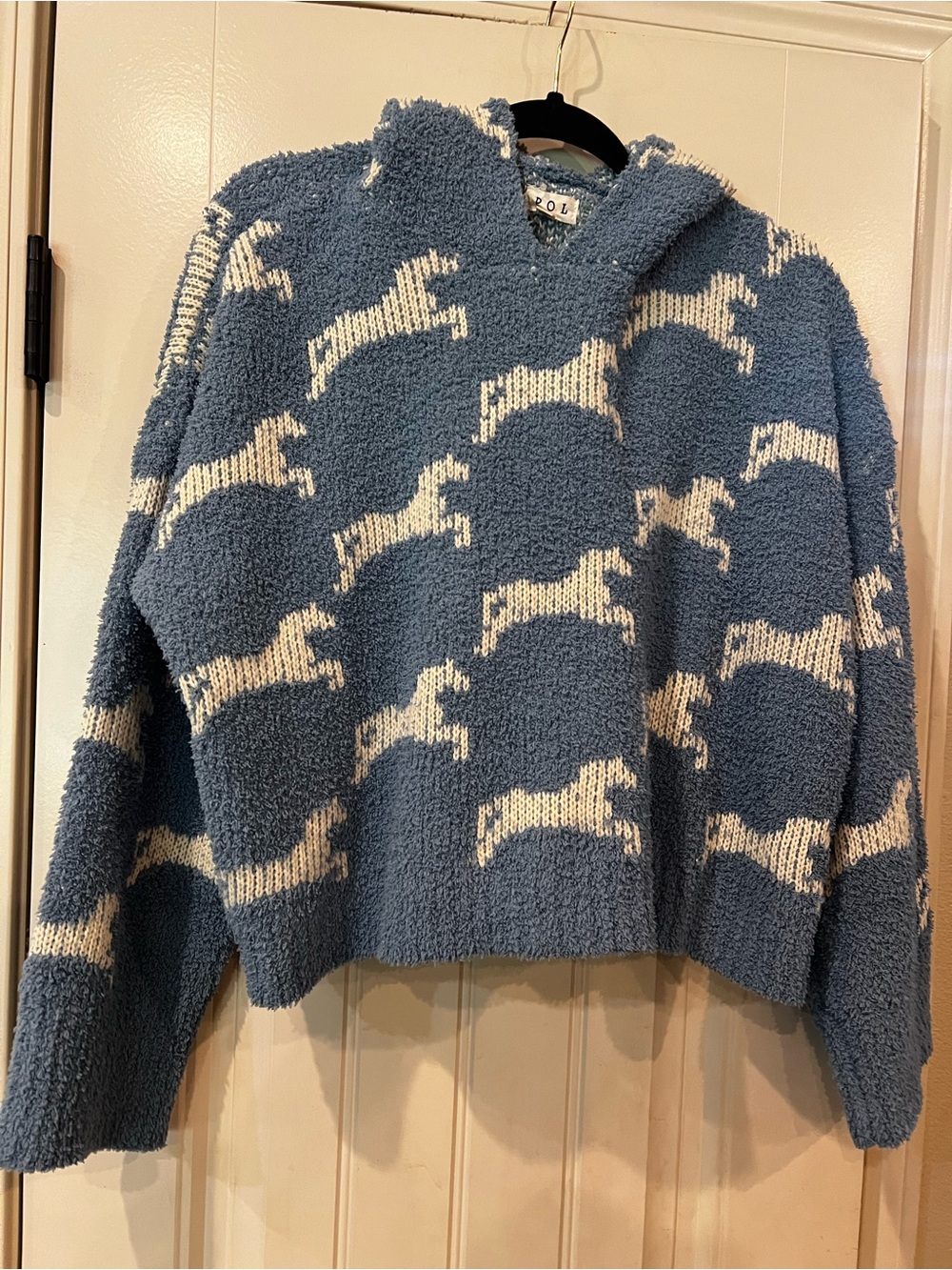 Blue Cream Horse-Pattern Hooded Sweater